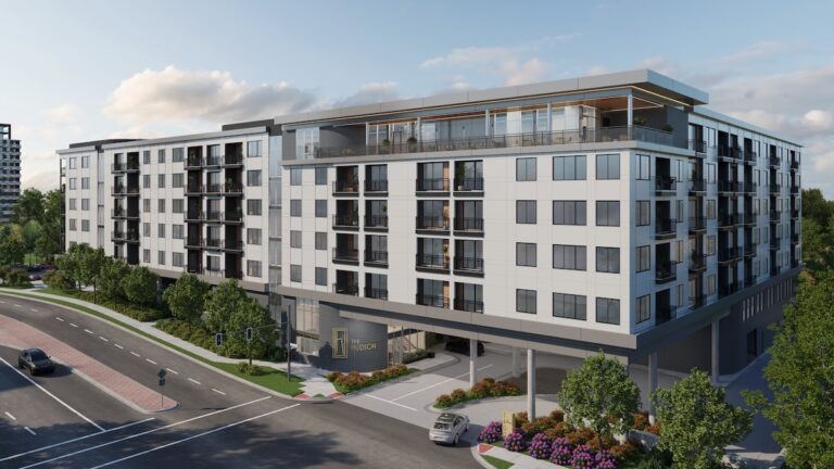 Architectural rendering of The Hudson, a multi-story apartment building with balconies, rooftop terrace, and landscaped street corner.