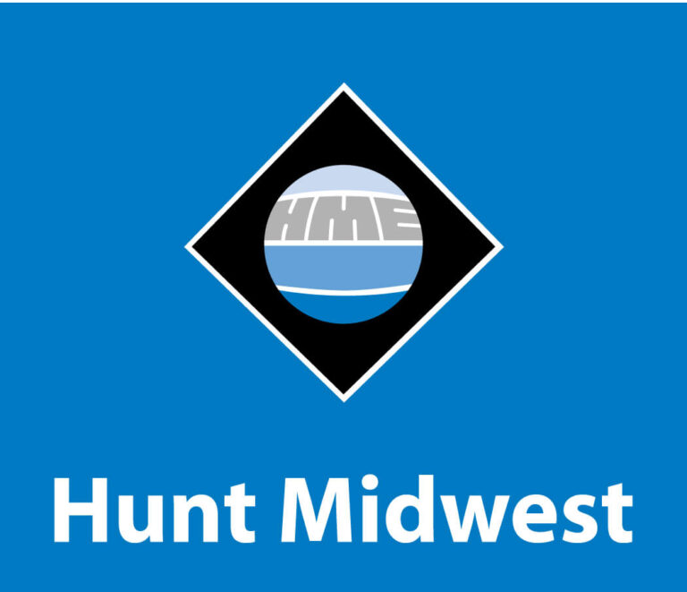 White text 'Hunt Midwest' beneath a black diamond logo with a globe design in gray and blue at the center.