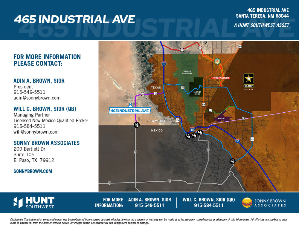 Regional map showing the property’s location relative to El Paso, Fort Bliss, and major highways, with broker contact details for Adin and Will Brown of Sonny Brown Associates.