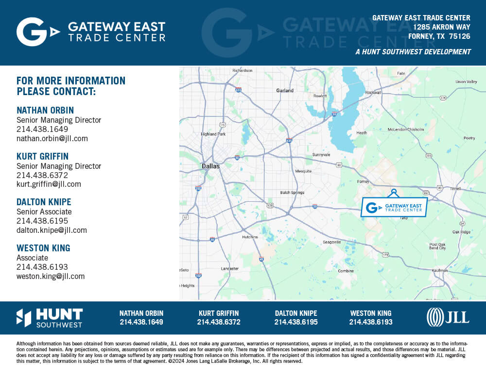 Regional map showing Gateway East Trade Center’s position southeast of Dallas with contact information for leasing agents from Hunt Southwest and JLL listed alongside.